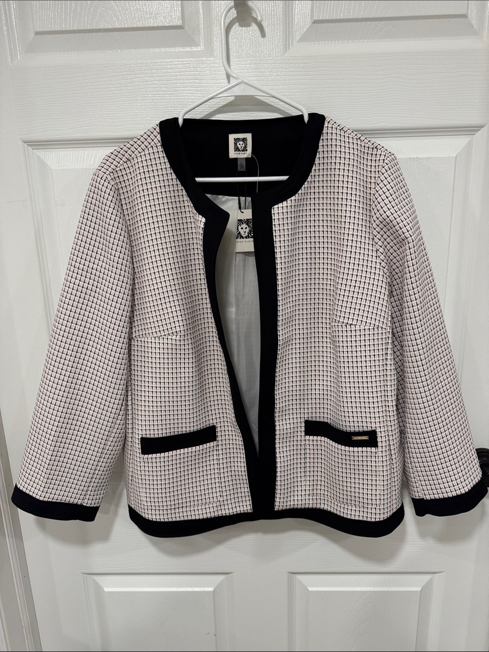 Anne Klein Black-Trim White Tweed Collarless Jacket